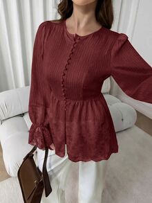 Solavon 女款休閒通勤蕾絲拼接襯衫 - 紅色 - 查看 4