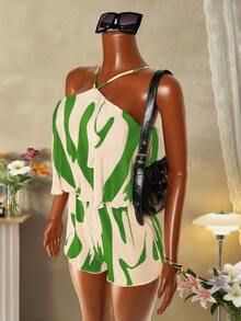 Mistrie Women's Pleated Fabric Printed Halter Neck Romper - Mint Green - View 7