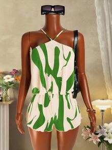 Mistrie Women's Pleated Fabric Printed Halter Neck Romper - Mint Green - View 6