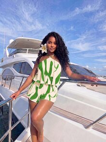 Mistrie Women's Pleated Fabric Printed Halter Neck Romper - Mint Green - View 5