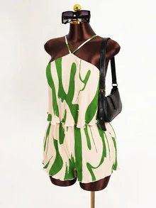 Mistrie Women's Pleated Fabric Printed Halter Neck Romper - Mint Green - View 3