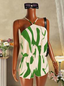 Mistrie Women's Pleated Fabric Printed Halter Neck Romper - Mint Green - View 8