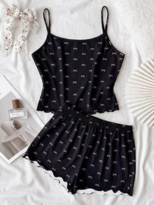 SHEIN Tween女孩針織蝴蝶結圖案細肩帶背心與短褲家居服套裝 - 黑色 - 查看 1