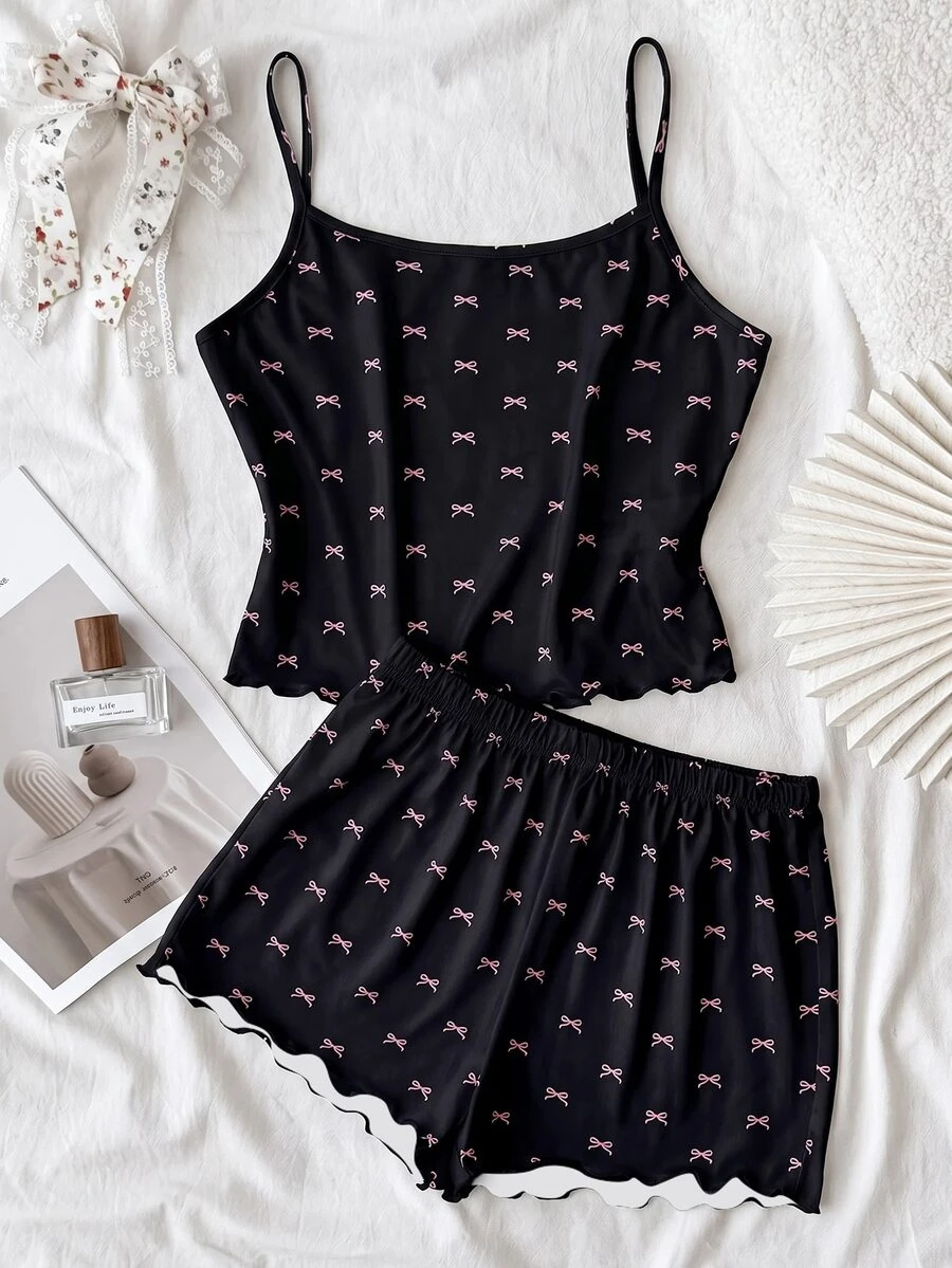 SHEIN Tween女孩針織蝴蝶結圖案細肩帶背心與短褲家居服套裝 - 黑色 - 查看 1