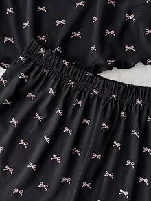 SHEIN Tween女孩針織蝴蝶結圖案細肩帶背心與短褲家居服套裝 - 黑色 - 查看 2