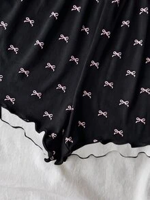 SHEIN Tween女孩針織蝴蝶結圖案細肩帶背心與短褲家居服套裝 - 黑色 - 查看 3