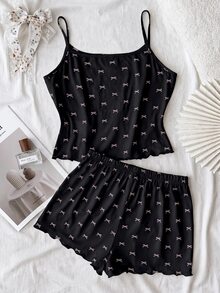SHEIN Tween女孩針織蝴蝶結圖案細肩帶背心與短褲家居服套裝 - 黑色 - 查看 5
