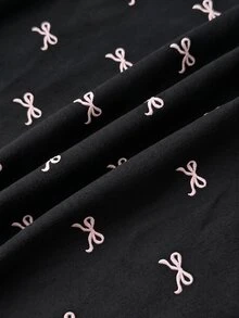 SHEIN Tween女孩針織蝴蝶結圖案細肩帶背心與短褲家居服套裝 - 黑色 - 查看 4
