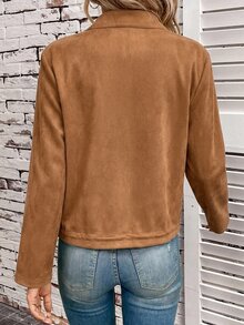 SHEIN LUNE 女款純色立領拉鍊時尚百搭日常旅行長袖夾克 深棕色 秋冬 - 棕色 - 查看 2