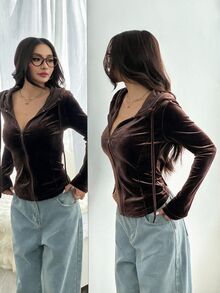SHEIN EZwear 純色前拉鍊長袖簡約休閒天鵝絨修身連帽外套 秋冬款 - 棕色 - 查看 7