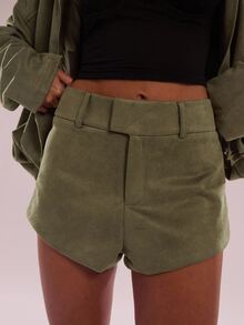 SHEIN BAE 女士秋冬时尚简约休闲纯色短裤，休闲短裤，百搭必备单品，迷你短裤 - 軍綠色 - 查看 3