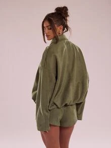 SHEIN BAE 女士秋冬时尚简约休闲纯色短裤，休闲短裤，百搭必备单品，迷你短裤 - 軍綠色 - 查看 2
