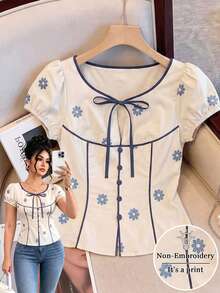 SHEIN LUNE CURVE Women's Plus Size Round Neck Printed Blouse, Casual Top For Outings - White - View 1