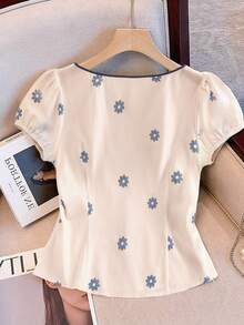 SHEIN LUNE CURVE Women's Plus Size Round Neck Printed Blouse, Casual Top For Outings - White - View 2