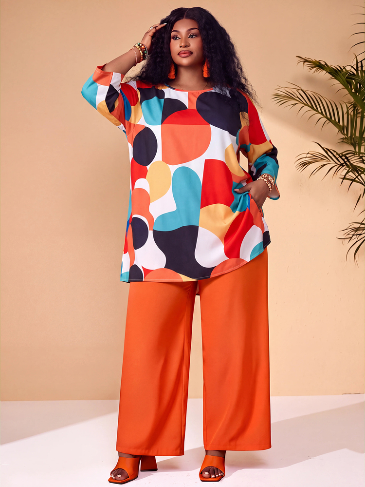 BrightlyHer Plus Size Vacation Casual Alternative All-Over Print Shirt And Solid Color Pants 2 Pieces Set Vacation Cruise Orange Autumn Fall Clothes For Women - Orange - View 5