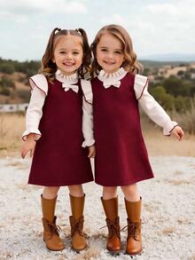 Emery Rose Kids Emery Rose Kids 少女蝴蝶結裝飾對比色休閒日常針織洋裝 - 酒紅色 - 查看 1