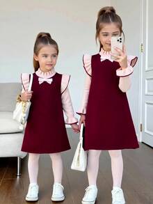 Emery Rose Kids Emery Rose Kids 少女蝴蝶結裝飾對比色休閒日常針織洋裝 - 酒紅色 - 查看 7