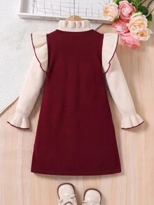 Emery Rose Kids Emery Rose Kids 少女蝴蝶結裝飾對比色休閒日常針織洋裝 - 酒紅色 - 查看 6
