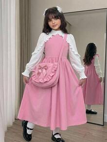 Tween Girl Casual Preppy Daily Versatile Comfortable Patchwork Contrast Color Collared Dress Back To School - Pink - View 9