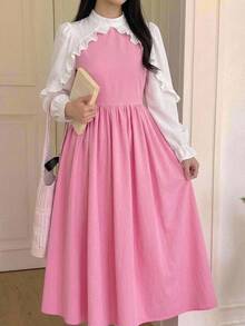 Tween Girl Casual Preppy Daily Versatile Comfortable Patchwork Contrast Color Collared Dress Back To School - Pink - View 2