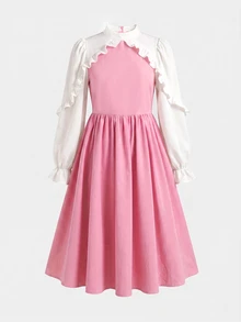 Tween Girl Casual Preppy Daily Versatile Comfortable Patchwork Contrast Color Collared Dress Back To School - Pink - View 3