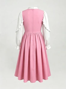 Tween Girl Casual Preppy Daily Versatile Comfortable Patchwork Contrast Color Collared Dress Back To School - Pink - View 4