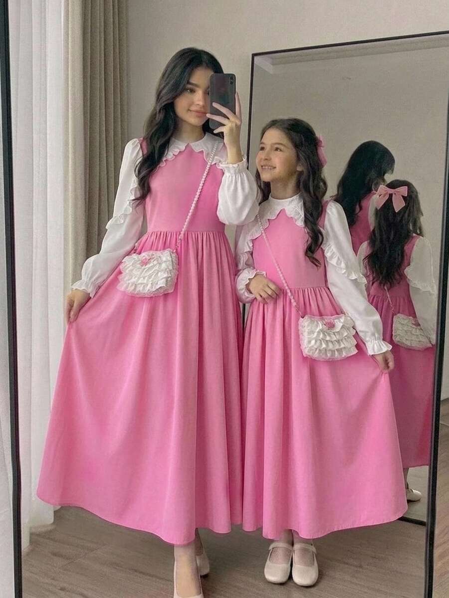 Tween Girl Casual Preppy Daily Versatile Comfortable Patchwork Contrast Color Collared Dress Back To School - Pink - View 1