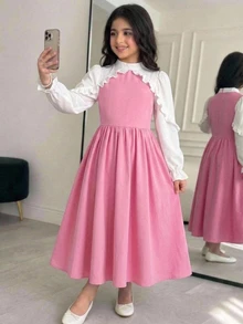 Tween Girl Casual Preppy Daily Versatile Comfortable Patchwork Contrast Color Collared Dress Back To School - Pink - View 8