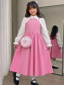 Tween Girl Casual Preppy Daily Versatile Comfortable Patchwork Contrast Color Collared Dress Back To School - Pink - View 7