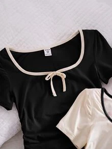 SHEIN 青少年女孩 2件組 針織童裝拼色方領休閒T恤 - 彩色 - 查看 3