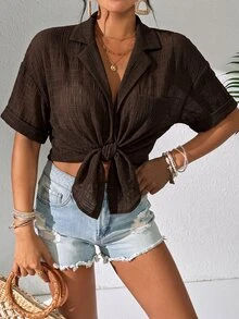 SHEIN Swim 女款夏季海灘度假優雅熱帶休閒棕色紋理布料短袖西裝領襯衫洋裝和服式罩衫，工作襯衫 - 棕色 - 查看 7