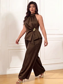 Femmeverse Women's Plus Size Elegant Fashion Pants Set, Halter Neck Top Paired With Matching Wide Leg Long Pants, Suitable For Music Festivals, Parties, Vacations And Other Summer Occasions - Coffee Brown - View 7