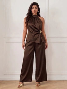 Femmeverse Women's Plus Size Elegant Fashion Pants Set, Halter Neck Top Paired With Matching Wide Leg Long Pants, Suitable For Music Festivals, Parties, Vacations And Other Summer Occasions - Coffee Brown - View 5