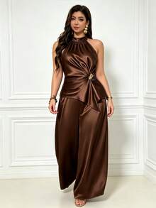 Femmeverse Women's Plus Size Elegant Fashion Pants Set, Halter Neck Top Paired With Matching Wide Leg Long Pants, Suitable For Music Festivals, Parties, Vacations And Other Summer Occasions - Coffee Brown - View 1