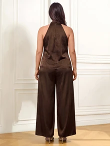 Femmeverse Women's Plus Size Elegant Fashion Pants Set, Halter Neck Top Paired With Matching Wide Leg Long Pants, Suitable For Music Festivals, Parties, Vacations And Other Summer Occasions - Coffee Brown - View 2