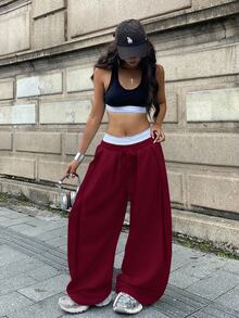 Coolane 女款冬季街頭風運動休閒百搭日常外穿紅色低腰寬鬆香蕉寬腿運動長褲，秋冬 - 酒紅色 - 查看 5