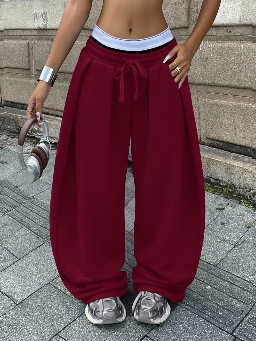 Coolane 女款冬季街頭風運動休閒百搭日常外穿紅色低腰寬鬆香蕉寬腿運動長褲,秋冬 - 酒紅色 - 查看 1