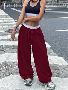 Coolane 女款冬季街頭風運動休閒百搭日常外穿紅色低腰寬鬆香蕉寬腿運動長褲，秋冬 - 酒紅色 - 查看 2