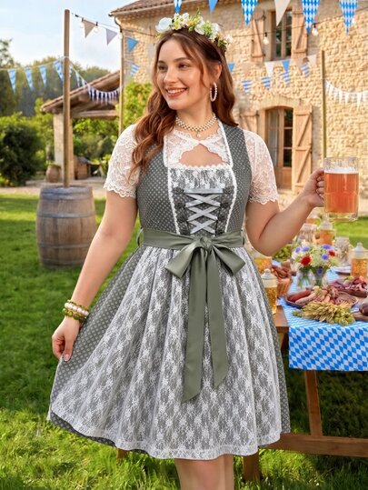 SHEIN Frenchy Plus Size Lace Patchwork Beer Festival Dress Oktoberfest Dress Vintage-Style Sage Green Dirndl Dress Features Embroidered Mesh And A Square Neckline.