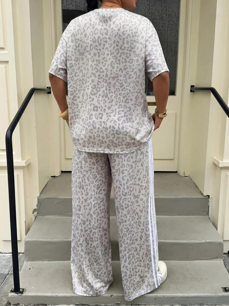 SHEIN EZwear Plus Size Women Leopard Print Colorblock Top And Pants Casual Daily 2 Pieces Set - Light Grey - View 6