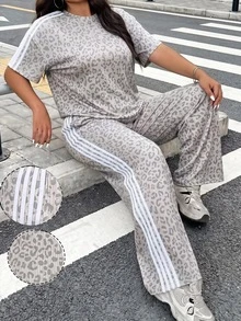 SHEIN EZwear 大尺碼女款豹紋拼色上衣與長褲休閒日常兩件套 - 淺灰色 - 查看 5
