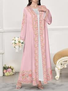 SHEIN Najma 女式花卉植物数码印花长袖休闲阿拉伯长袍，春秋季 - 彩色 - 查看 4