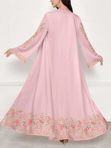 SHEIN Najma 女式花卉植物数码印花长袖休闲阿拉伯长袍，春秋季 - 彩色 - 查看 2
