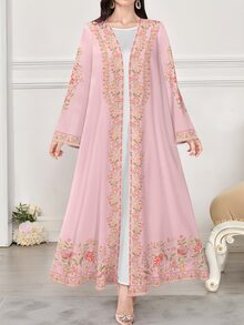 SHEIN Najma 女式花卉植物数码印花长袖休闲阿拉伯长袍，春秋季 - 彩色 - 查看 3
