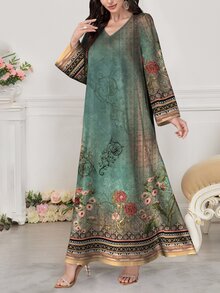 SHEIN Najma 女式复古图案V领长袖阿拉伯连衣裙 - 彩色 - 查看 4