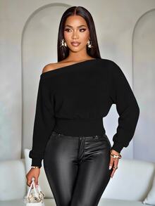 SOLERSUN Women's Autumn And Winter Open Shoulder Batwing Long Sleeve Ribbed Cuff Waist Crop Sweatshirt Night Out Everyday Black Elegant Casual - Multicolor - View 4
