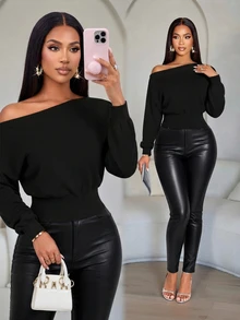 SOLERSUN Women's Autumn And Winter Open Shoulder Batwing Long Sleeve Ribbed Cuff Waist Crop Sweatshirt Night Out Everyday Black Elegant Casual - Multicolor - View 2