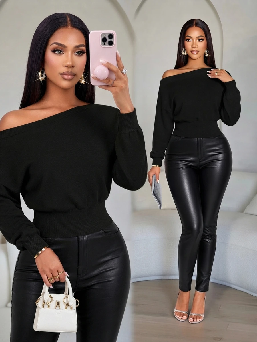 SOLERSUN Women's Autumn And Winter Open Shoulder Batwing Long Sleeve Ribbed Cuff Waist Crop Sweatshirt Night Out Everyday Black Elegant Casual