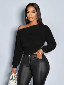 SOLERSUN Women's Autumn And Winter Open Shoulder Batwing Long Sleeve Ribbed Cuff Waist Crop Sweatshirt Night Out Everyday Black Elegant Casual - Multicolor - View 5