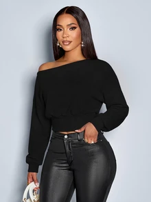 SOLERSUN Women's Autumn And Winter Open Shoulder Batwing Long Sleeve Ribbed Cuff Waist Crop Sweatshirt Night Out Everyday Black Elegant Casual - Multicolor - View 8